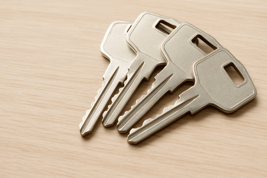 Four silver equipment keys fanned out on a light wooden surface