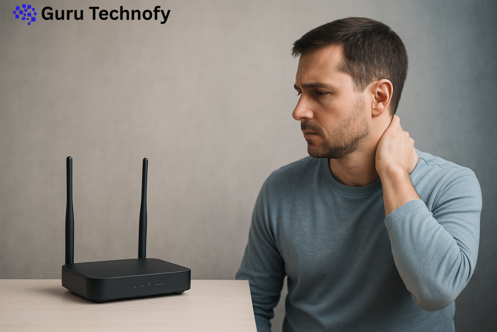Man looking concerned at a black Wi-Fi router on a table with a neutral, professional background.