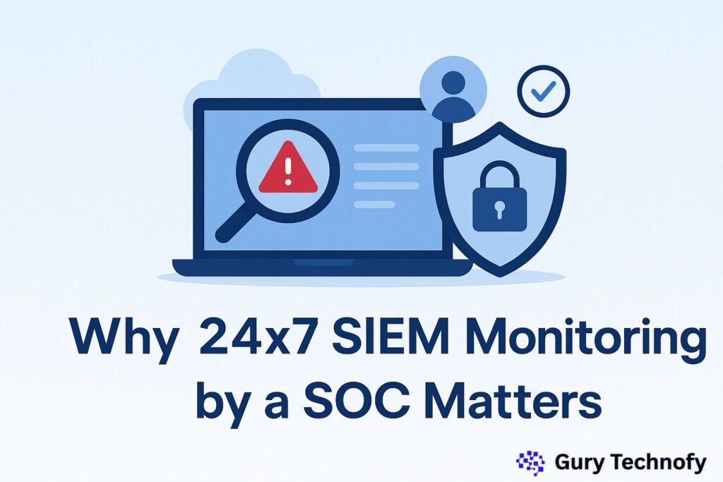 Flat-style digital illustration of cybersecurity monitoring with a laptop, magnifying glass over a warning icon, and a shield showing a padlock.