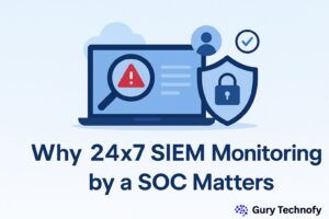 Flat-style digital illustration of cybersecurity monitoring with a laptop, magnifying glass over a warning icon, and a shield showing a padlock.