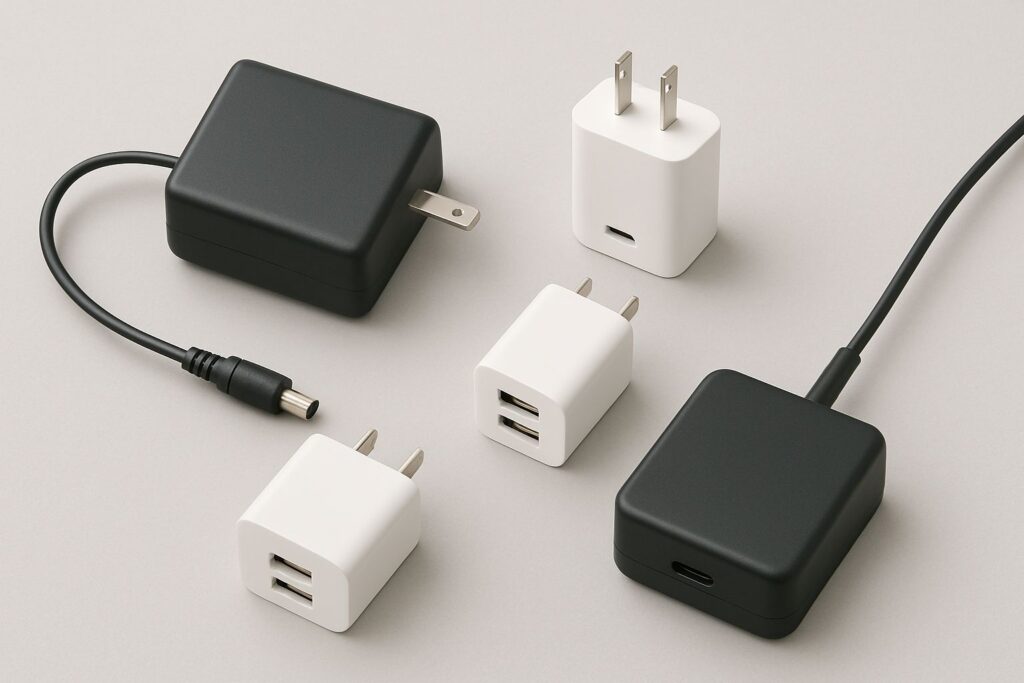 A modern digital illustration showing four types of power adapters including an AC-DC adapter, USB-C charger, universal travel adapter, and GaN charger, arranged neatly on a neutral background.