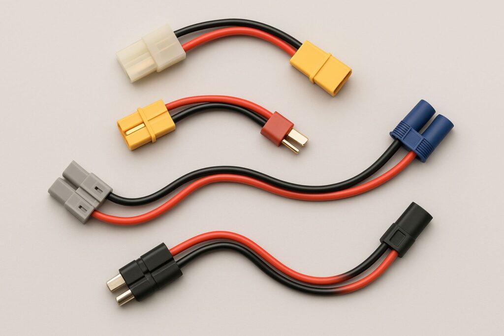Minimalist flat design illustration of battery plug adapters on a light background.