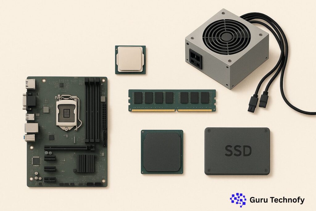 Infographic illustrating basic computer components including motherboard, CPU, RAM, SSD, and power supply in a clean, labeled layout.
