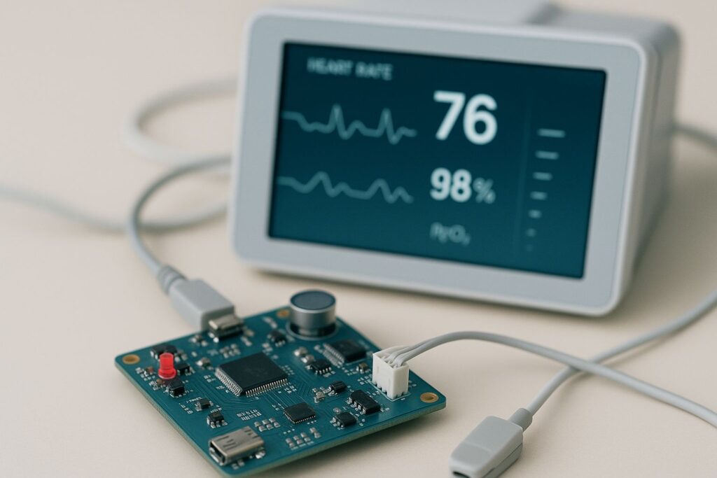 Close-up view of modern electronic hardware components connected with embedded systems on a medical device development board.