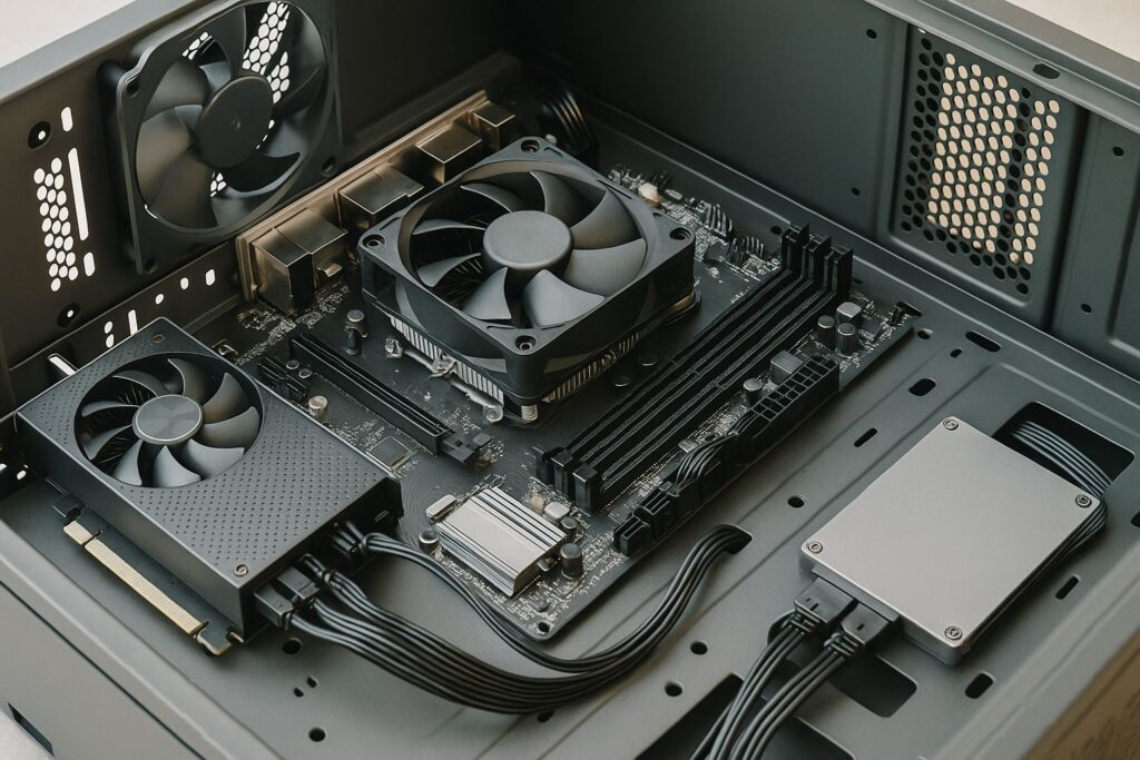 Close-up of a partially assembled desktop PC showing CPU cooler, motherboard, graphics card, and cables inside a computer case.