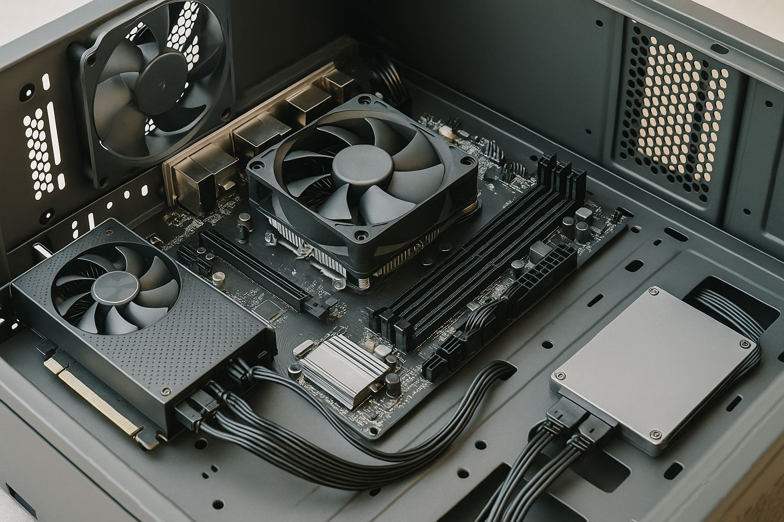 Close-up of a partially assembled desktop PC showing CPU cooler, motherboard, graphics card, and cables inside a computer case.