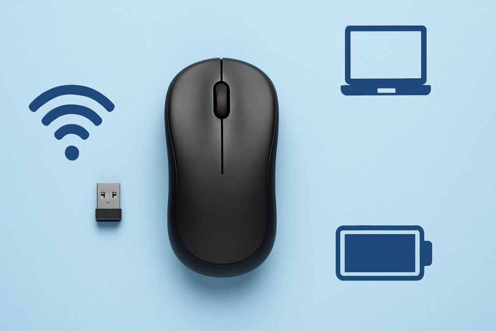 Minimalistic digital illustration of a black wireless mouse with USB receiver on a modern, soft-toned background.