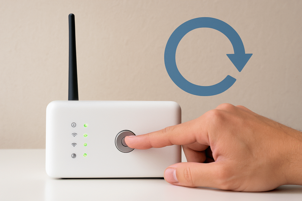 A person's right hand pressing the power button on a white wireless router with LED indicators and a circular reset icon in the background.