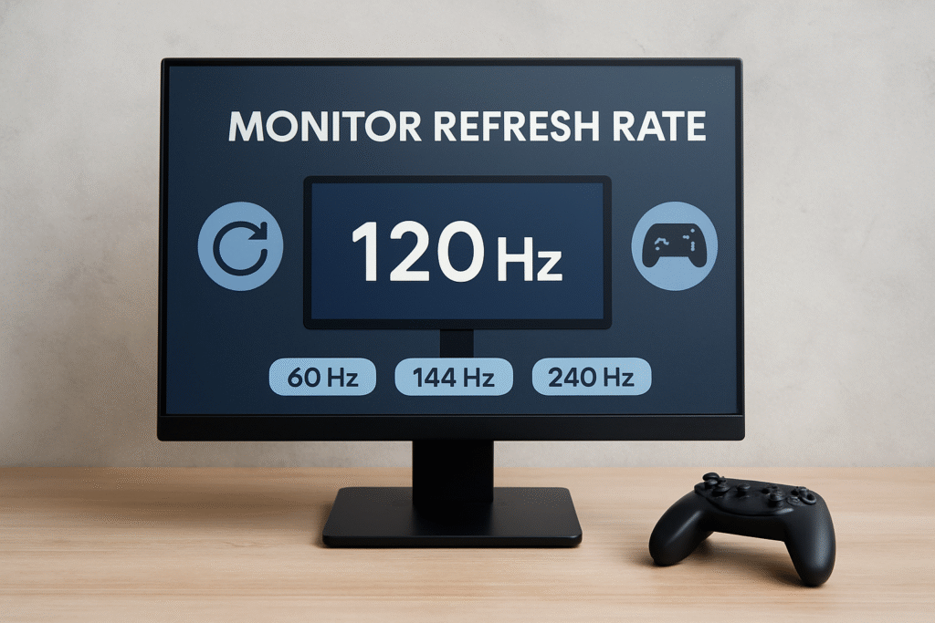 Realistic digital setup showing a modern gaming monitor and wireless game controller on a stylish desk with a gradient background.