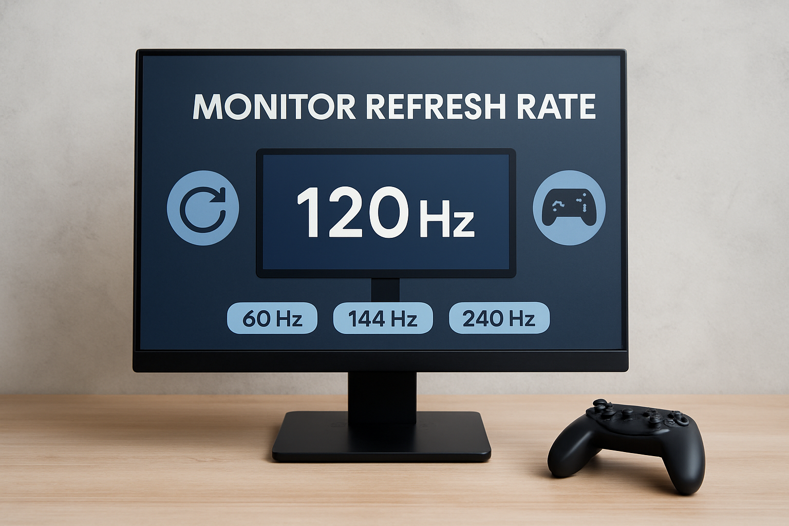 Realistic digital setup showing a modern gaming monitor and wireless game controller on a stylish desk with a gradient background.