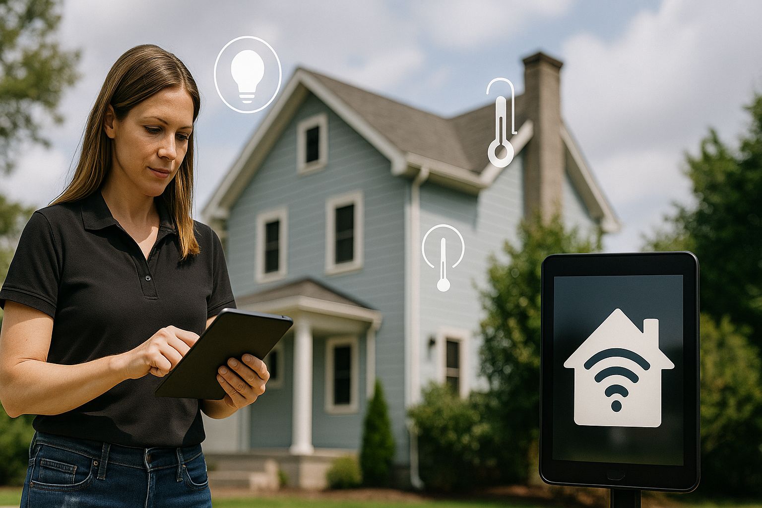 Caucasian woman using tablet in front of smart home powered by WaveTechGlobal smart home automation system