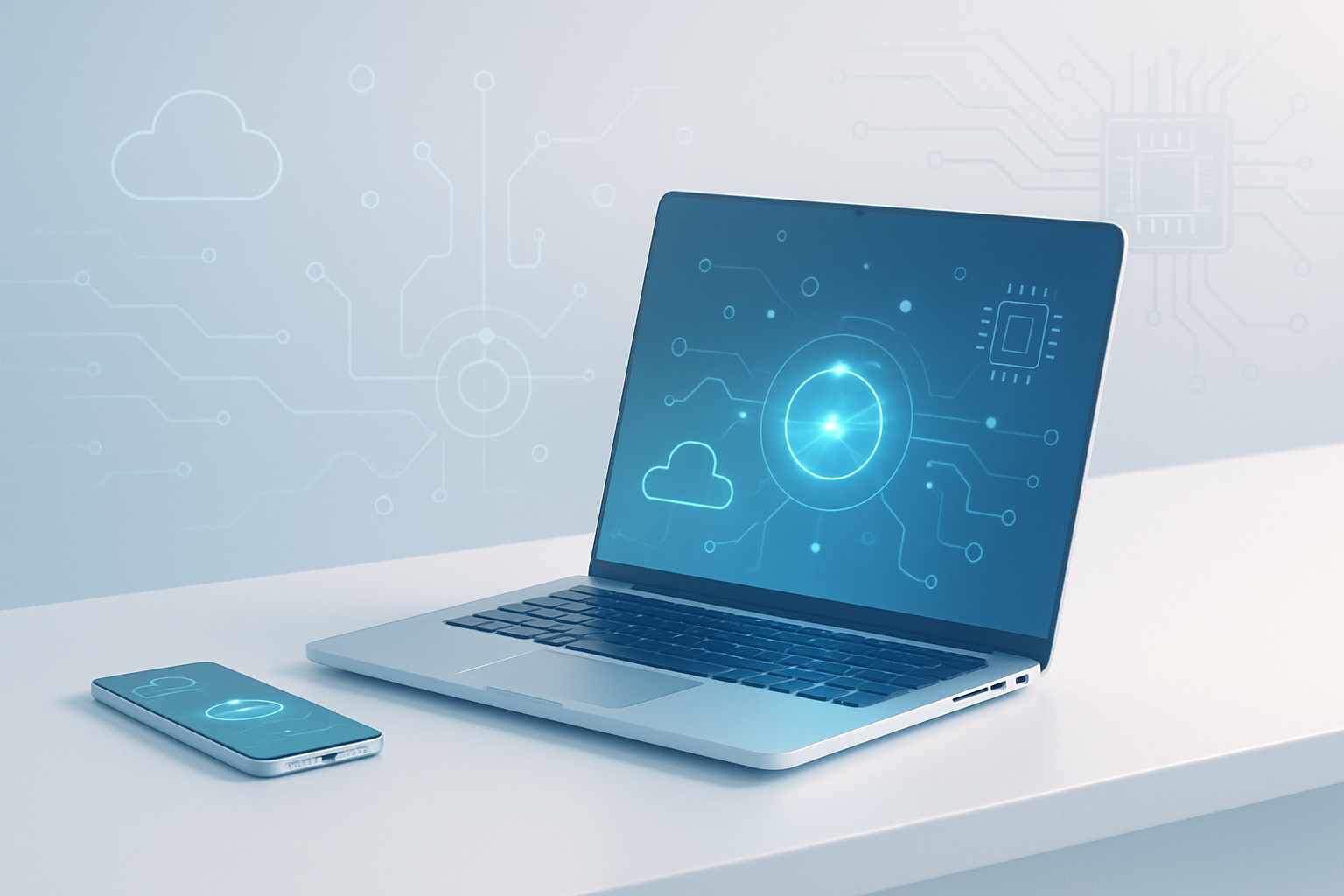 Modern workspace with laptop and smartphone showing blue holographic digital interfaces and cloud technology icons