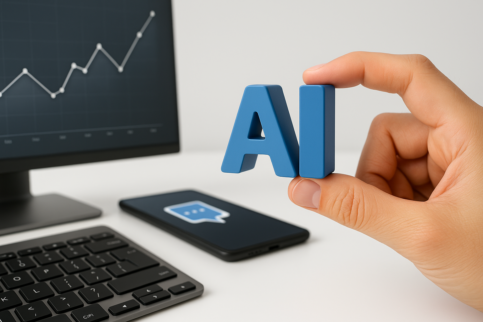 Hand holding blue AI letters near computer and smartphone on desk