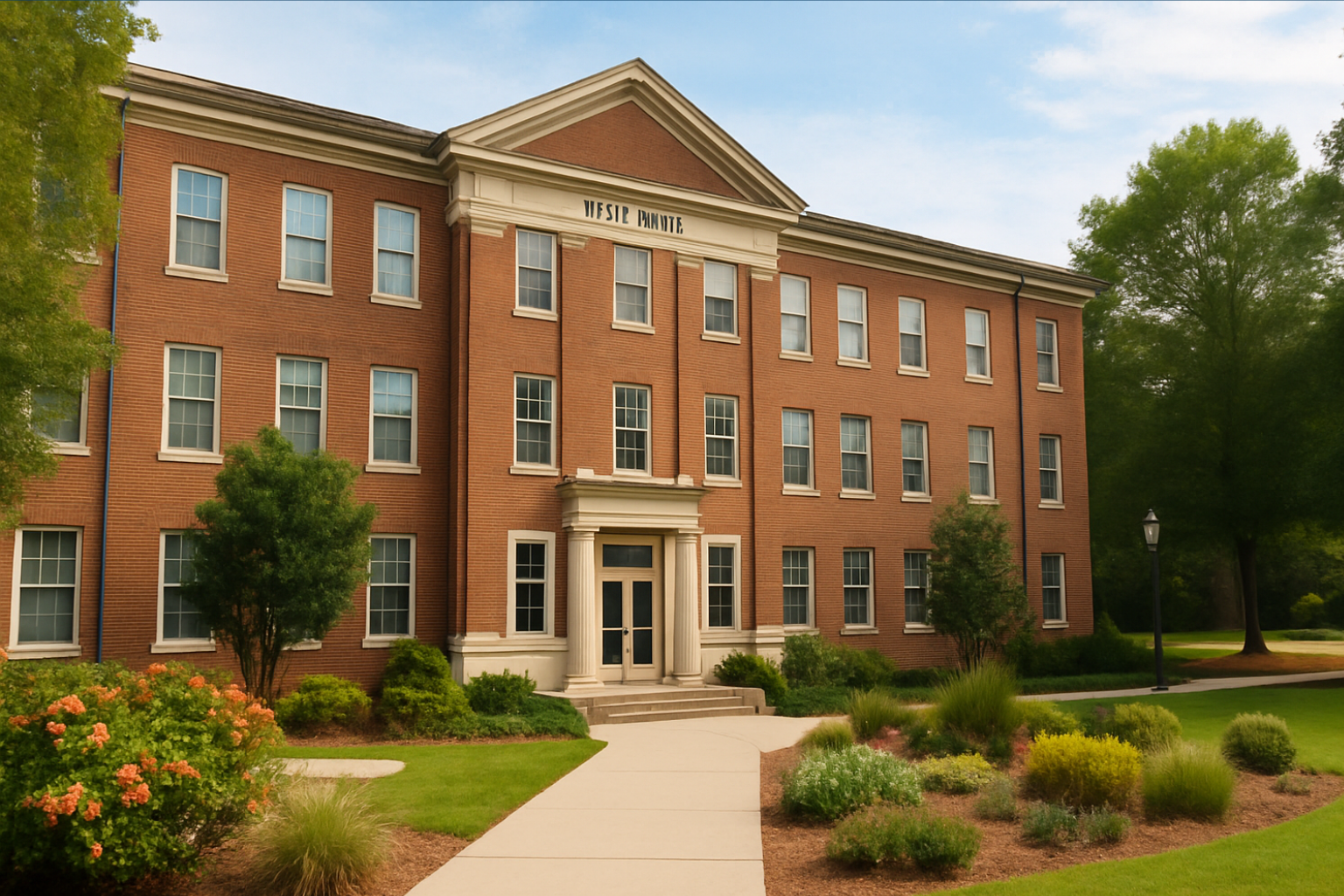 Red-brick academic building with white columns on a landscaped university campus.