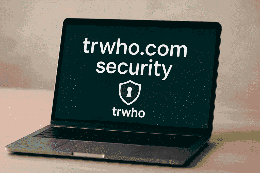 A modern silver laptop on a wooden desk displaying "trwho.com security" with a shield icon on the screen.