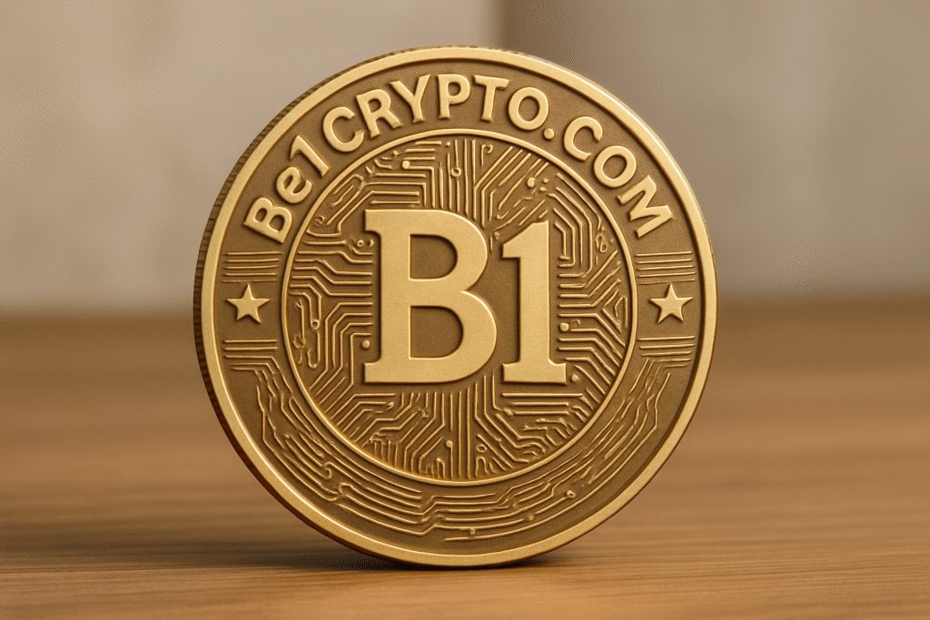 Gold Be1Crypto.com coin with engraved B1 logo and circuit pattern, standing on a wooden surface with a softly blurred background.