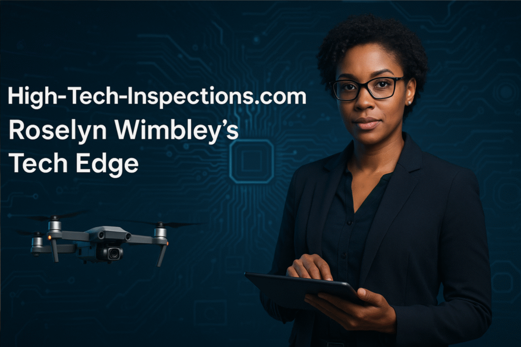 Professional African American woman with glasses holding a tablet, standing confidently in front of a digital tech-themed background with a hovering drone, representing High-Tech-Inspections.com and Roselyn Wimbley’s Tech Edge.