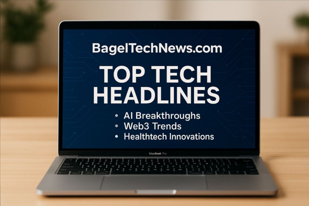 A silver MacBook Pro on a wooden desk displays the BagelTechNews.com homepage with bold text reading "Top Tech Headlines: AI Breakthroughs, Web3 Trends, Healthtech Innovations" on a deep blue background.