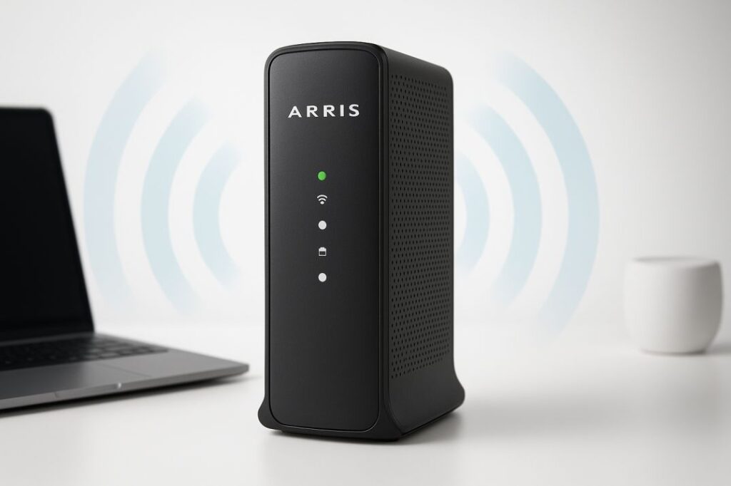 ARRIS WiFi router on a modern desk setup with glowing signal waves, symbolizing strong internet connectivity.