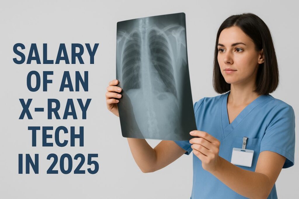 Female X-ray technician in blue scrubs examining a chest X-ray film with “Salary of an X-Ray Tech in 2025” text displayed.