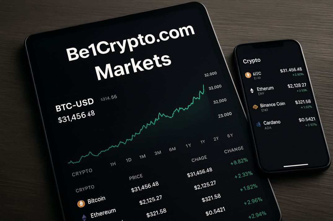 Tablet and smartphone displaying Be1Crypto.com markets with real-time cryptocurrency price charts for Bitcoin, Ethereum, and other coins.
