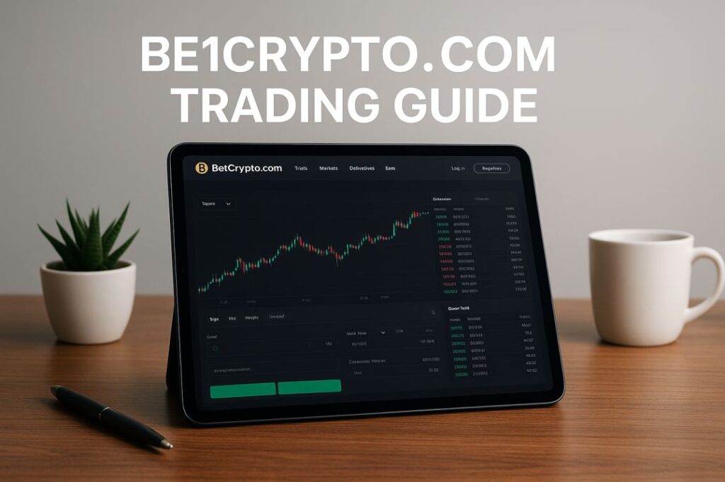 A tablet on a wooden desk displays the Be1Crypto.com trading dashboard with candlestick charts, alongside a mug, pen, and small plant.
