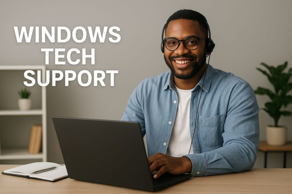 Friendly tech support representative wearing a headset and using a laptop, offering Windows tech support in a clean, professional office setting.
