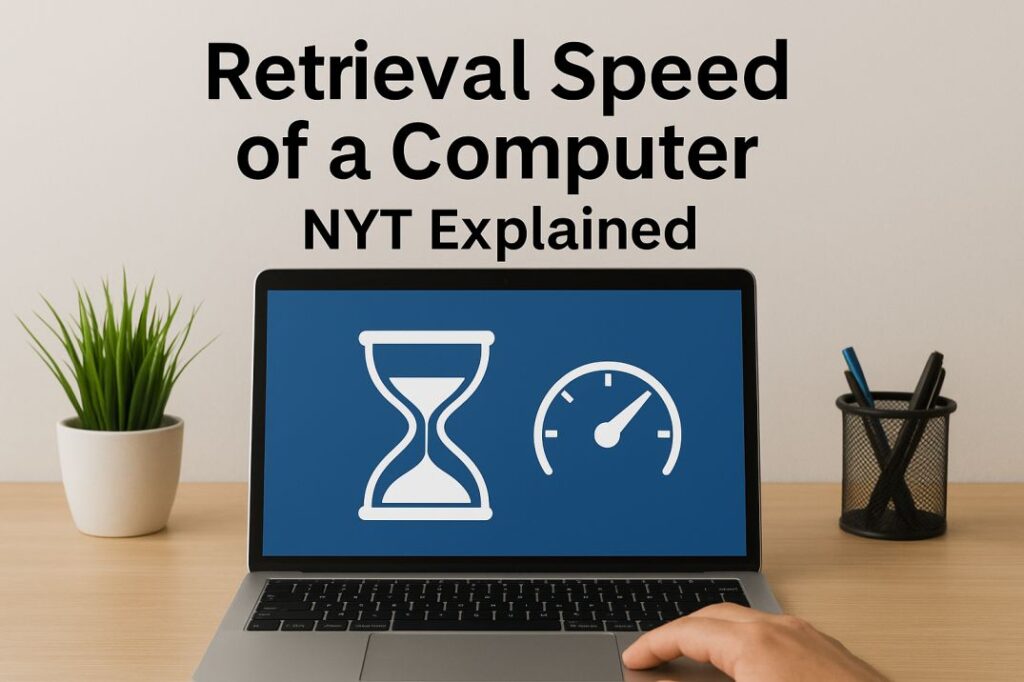 A modern laptop on a wooden desk with icons of an hourglass and a speedometer on its screen, symbolizing computer retrieval speed, with the text "Retrieval Speed of a Computer – NYT Explained" above it.