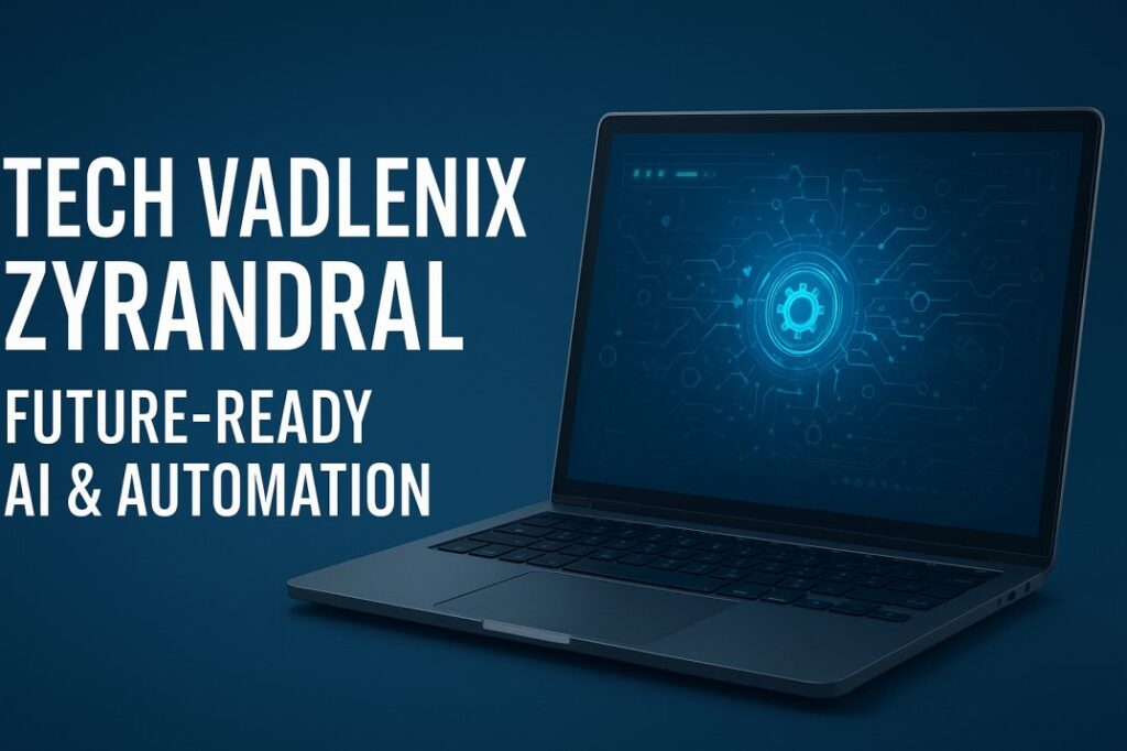 Laptop displaying futuristic AI and automation interface with text "Tech Vadlenix Zyrandral Future-Ready AI & Automation.