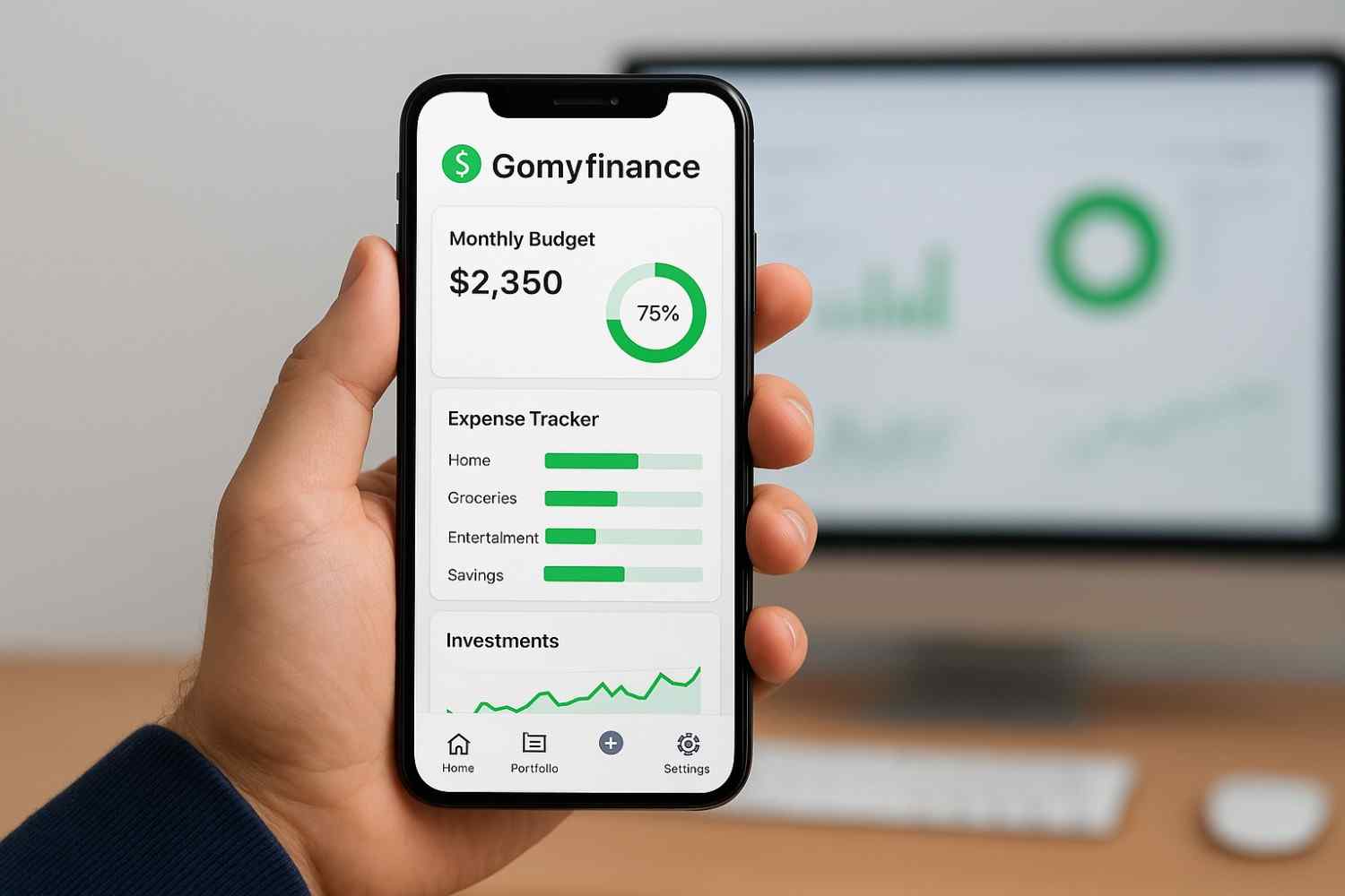 A person holding a smartphone displaying the Gomyfinance app dashboard with budgeting, expense tracking, and investment insights, with a blurred computer screen showing financial charts in the background.